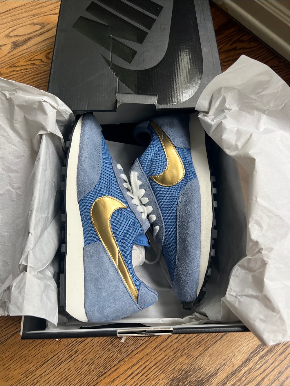 Nike Daybreak SP Ocean Fog Blue Suede & Mesh Sneakers with Metallic Gold Swoosh